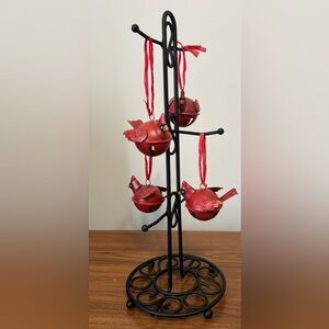 4 Red Metal Memory Cardinal Bell Ornaments. Ornament Stand Not Included